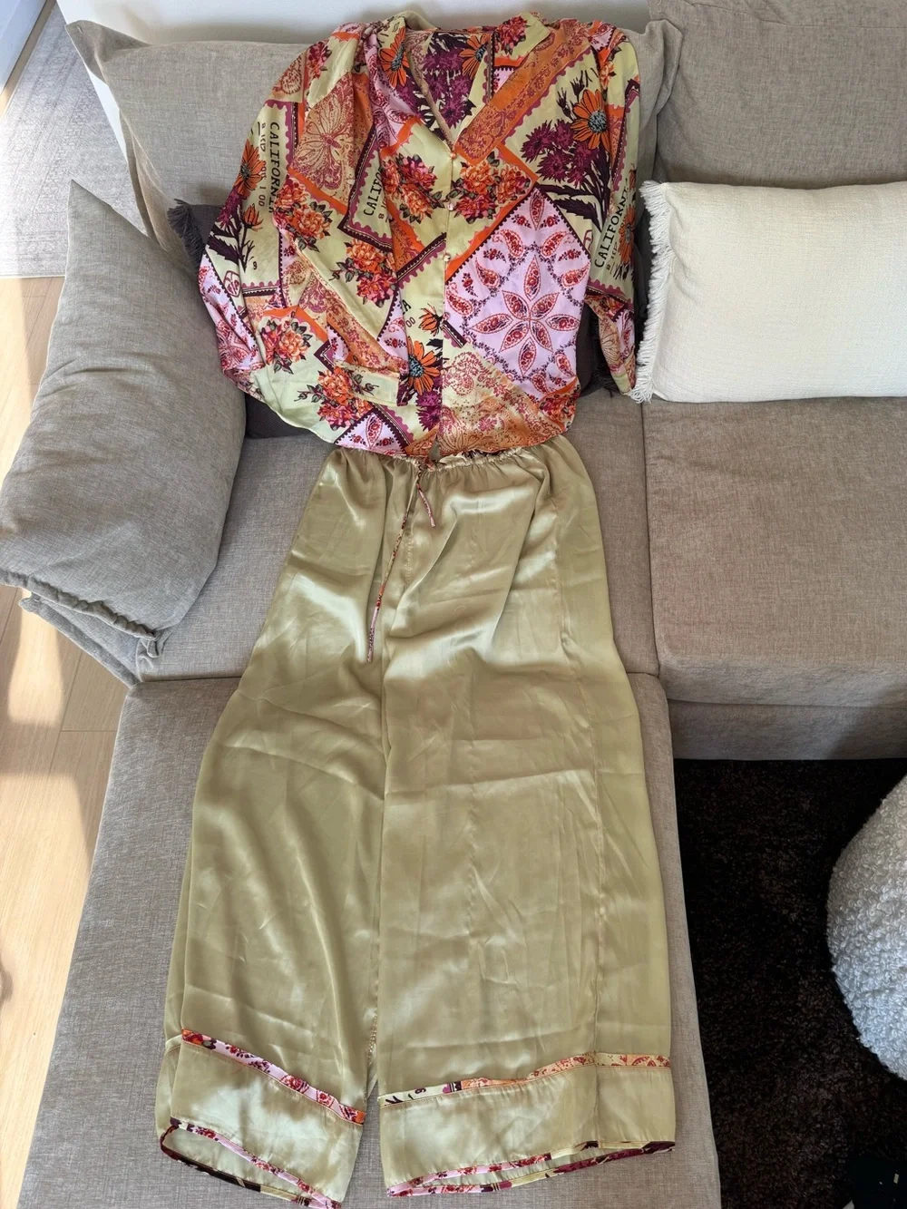 Free People Olive Green Satin pajama set